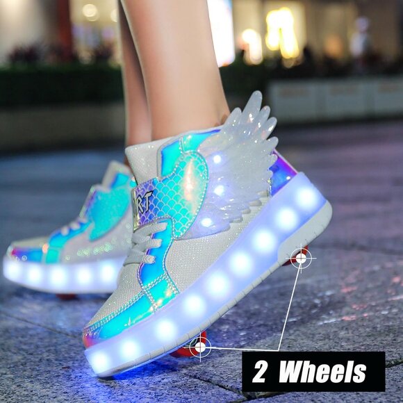 Kid's Girls Blue USB Chargable LED Lighting Roller Wheeled Skate Sneaker Shoes - Picture 6 of 7